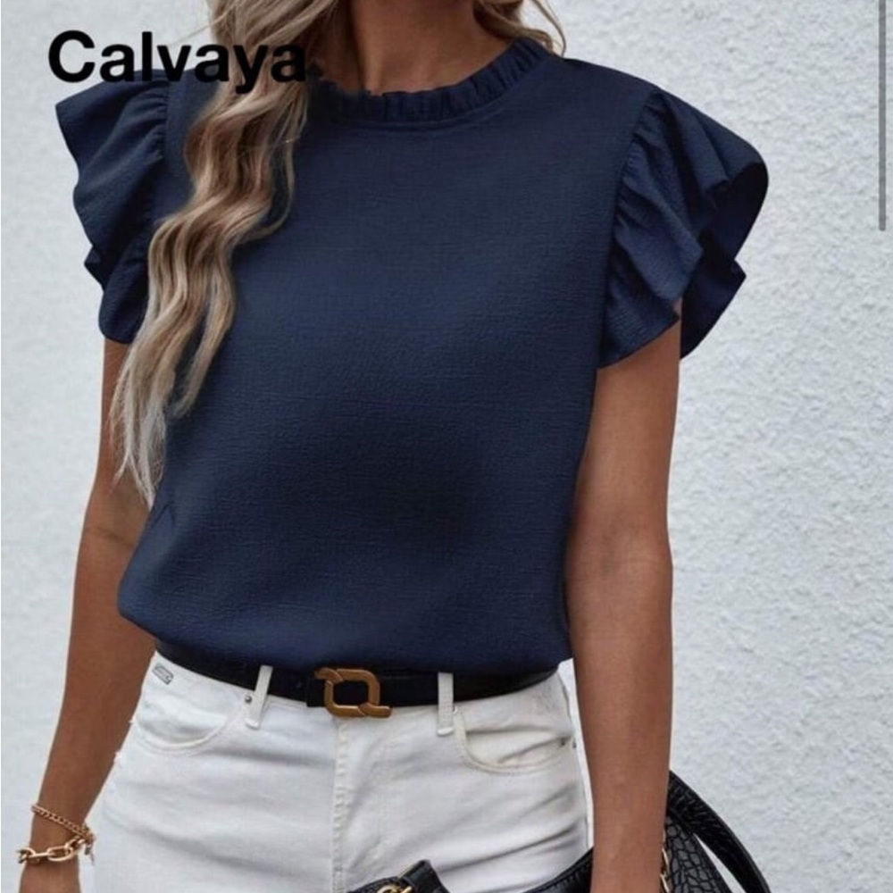 Elegant Navy Ruffle Sleeve Blouse